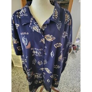 Roaman's 4X Button Down Shirt Navy Blue‎ Leaf Print Short Sleeve Blouse